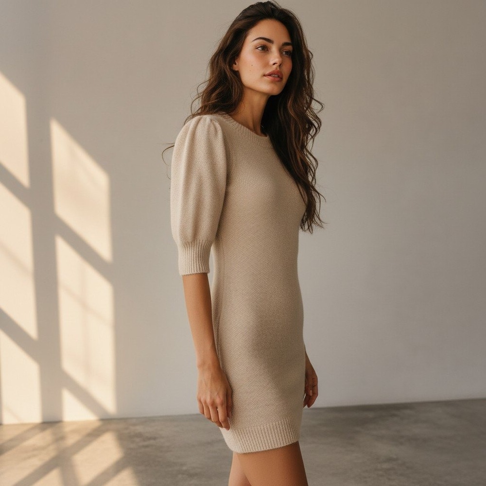 Daily Practice Anthropologie Beige Knit Puff‎ Sleeve Tie Back Sweater Dress M